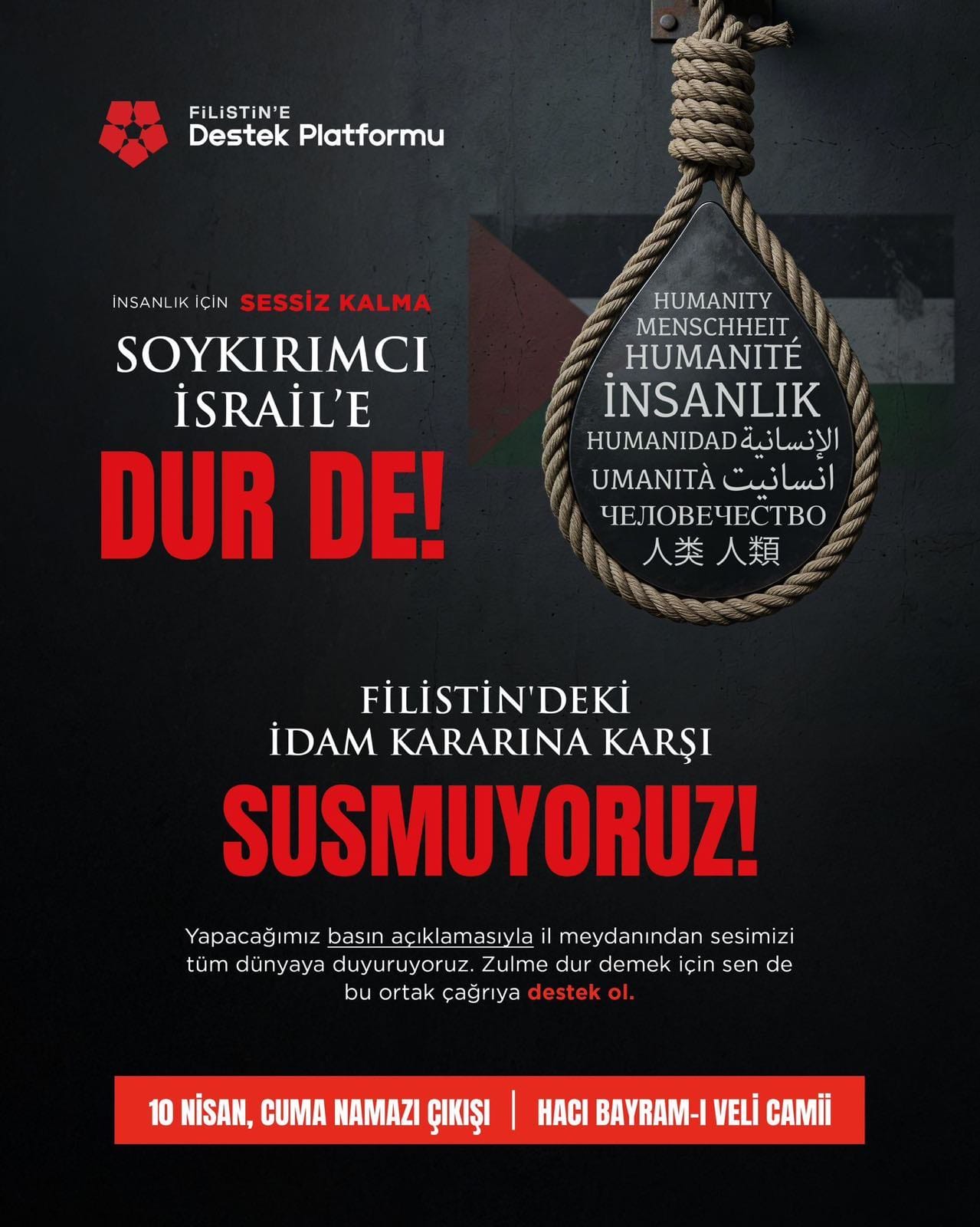 Ankara’da Filistin İçin Buluşma Çağrısı: 10 Nisan Cuma Günü Bir Araya Geliniyor
